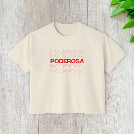 Poderosa Women's Boxy Tee — Latina Empowerment Crop T‑Shirt in Red Text