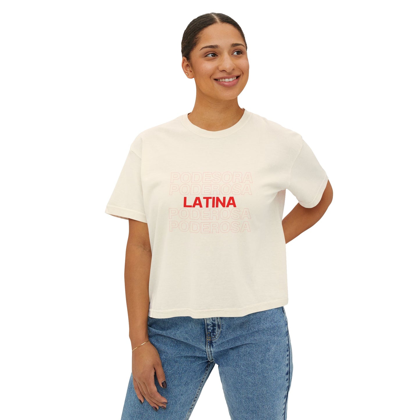 Latina Boxy Tee — Women's Cropped White T‑Shirt with Red 'LATINA' Print