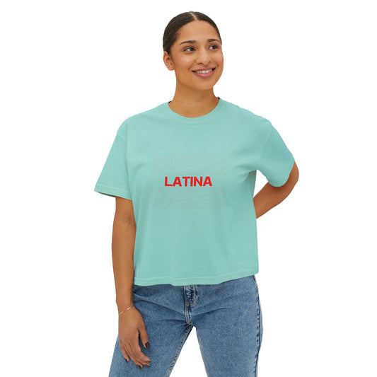 Latina Boxy Tee — Women's Cropped White T‑Shirt with Red 'LATINA' Print