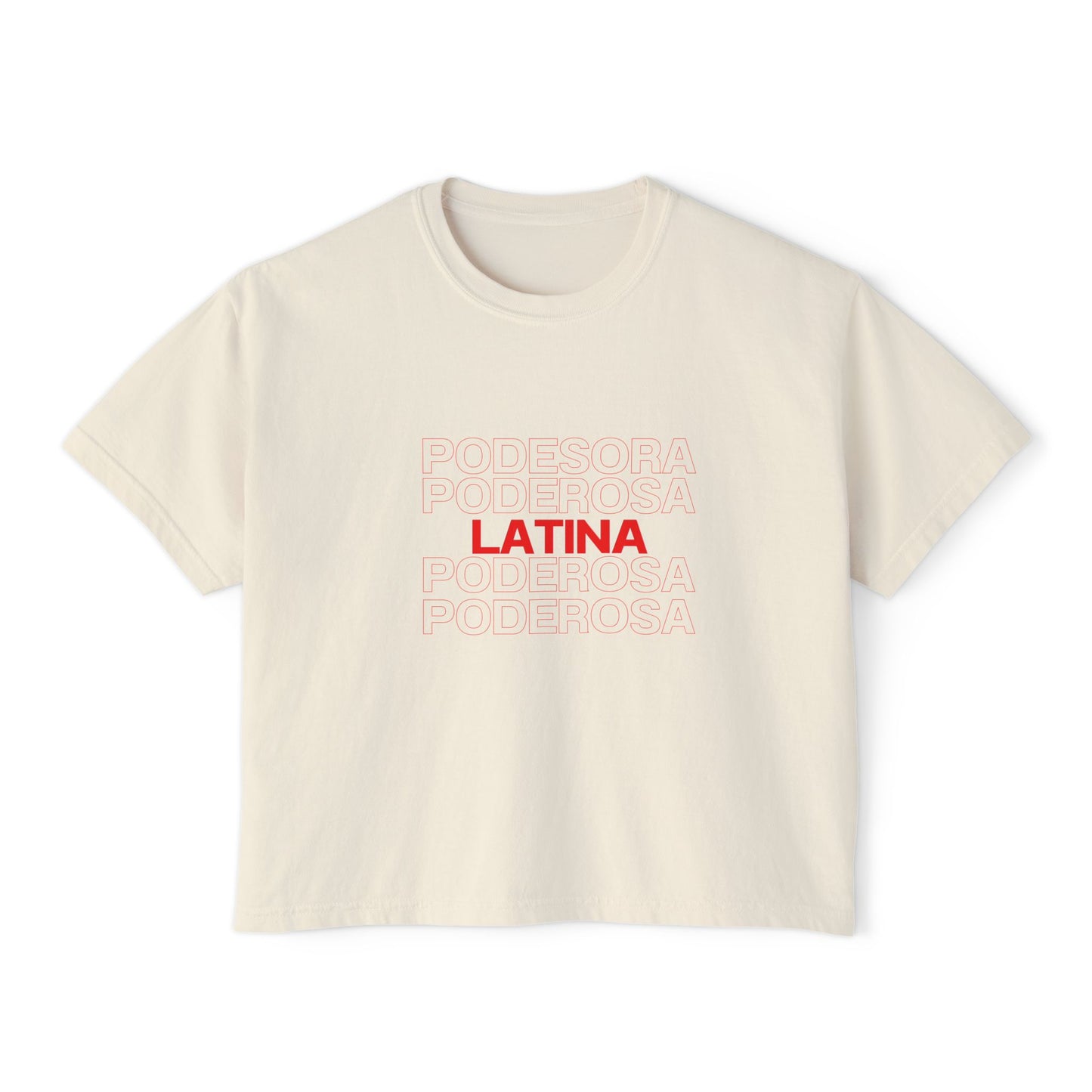 Latina Boxy Tee — Women's Cropped White T‑Shirt with Red 'LATINA' Print