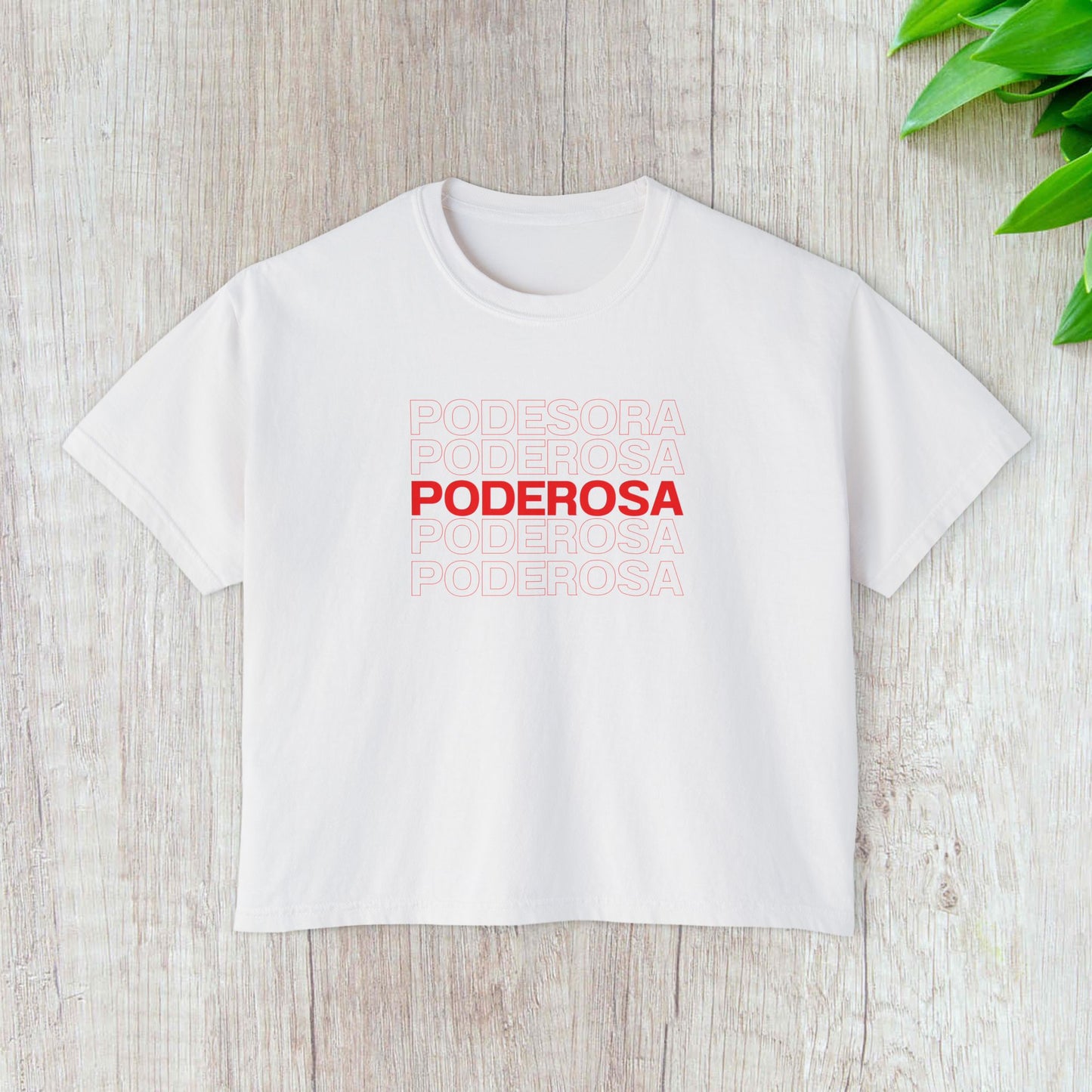 Poderosa Women's Boxy Tee — Latina Empowerment Crop T‑Shirt in Red Text