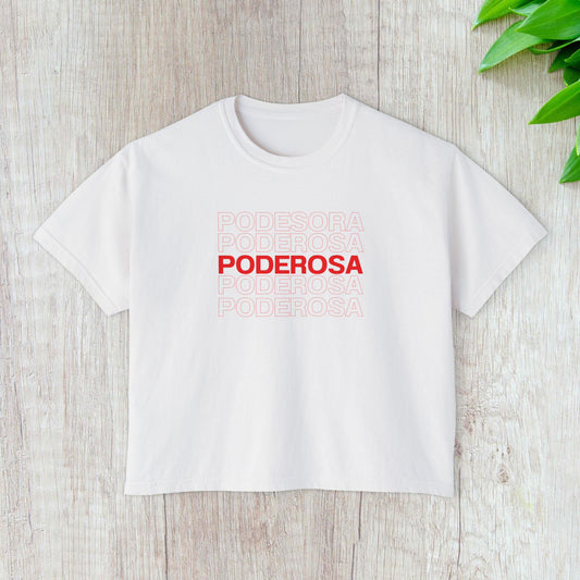 Poderosa Women's Boxy Tee — Latina Empowerment Crop T‑Shirt in Red Text
