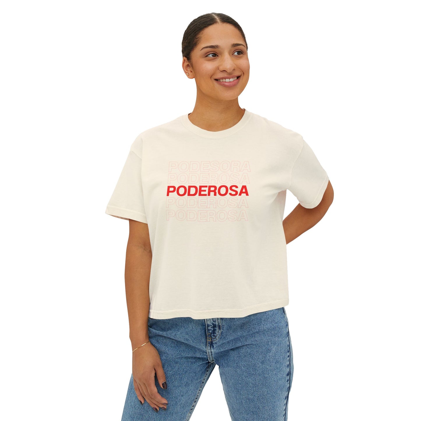 Poderosa Women's Boxy Tee — Latina Empowerment Crop T‑Shirt in Red Text