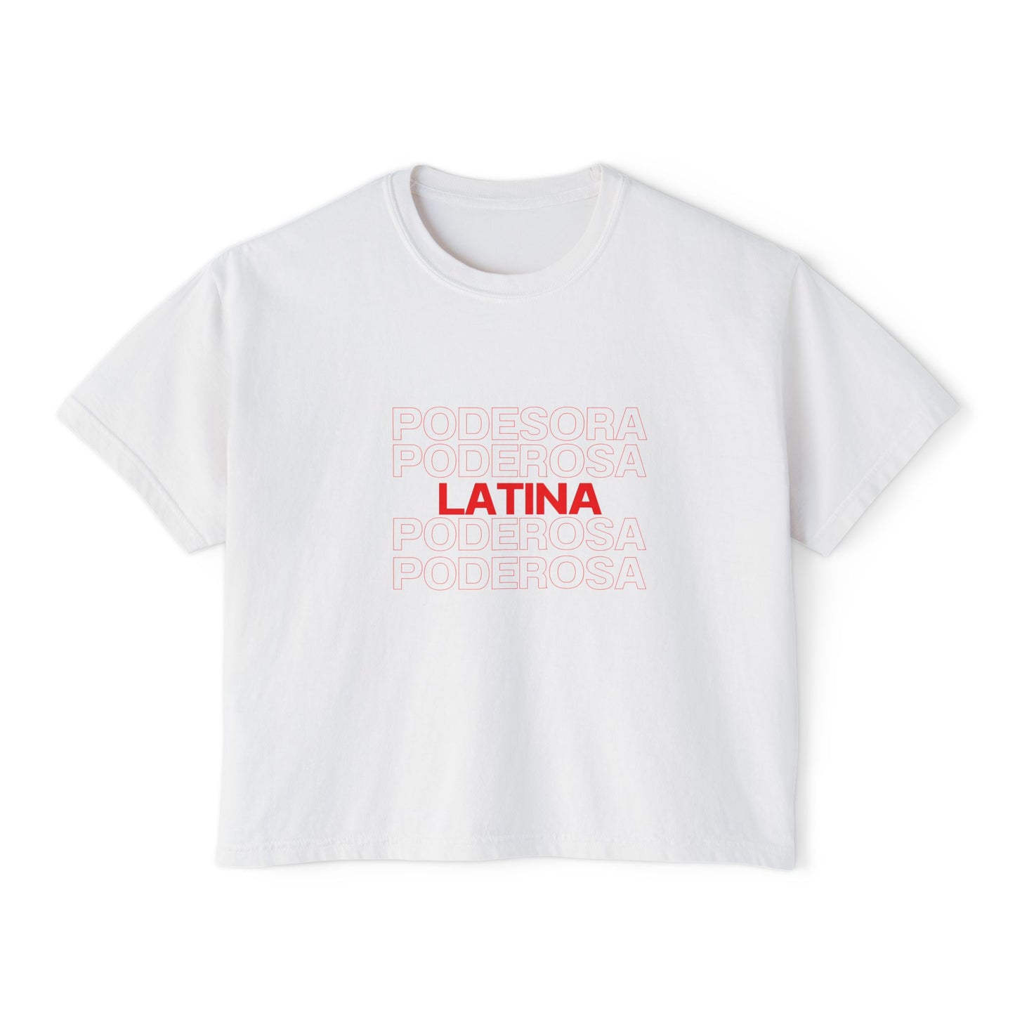 Latina Boxy Tee — Women's Cropped White T‑Shirt with Red 'LATINA' Print